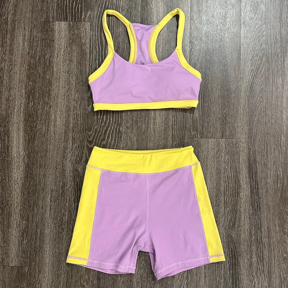 MESHKI Becca Two Tone Lilac & Yellow Workout Set Sports Bra & Biker Shorts EUC - Picture 2 of 16